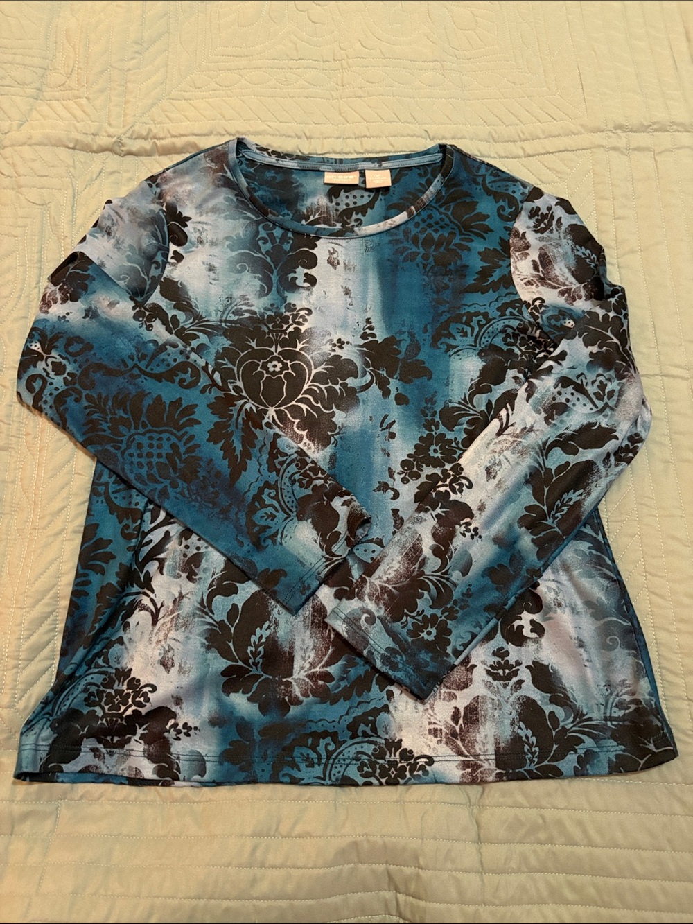 Chico's Teal and Black Damask-Print Long Sleeve Top